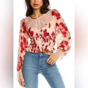 FREE PEOPLE Daphne PINK & RED Romantic FLORAL Lace SMOCKED Ruched BLOUSE M NWT